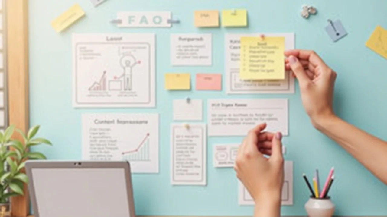 Digital content strategy board with sticky notes and FAQ icons