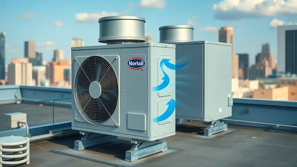 Modern commercial HVAC heat pump system operating efficiently on a rooftop in Virginia