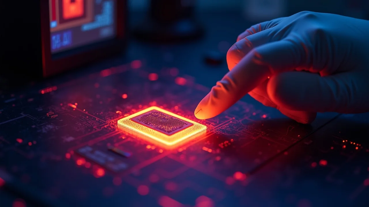 Close-up thermal map of semiconductor device highlighting vivid hotspots using thermoreflectance reliability semiconductor imaging