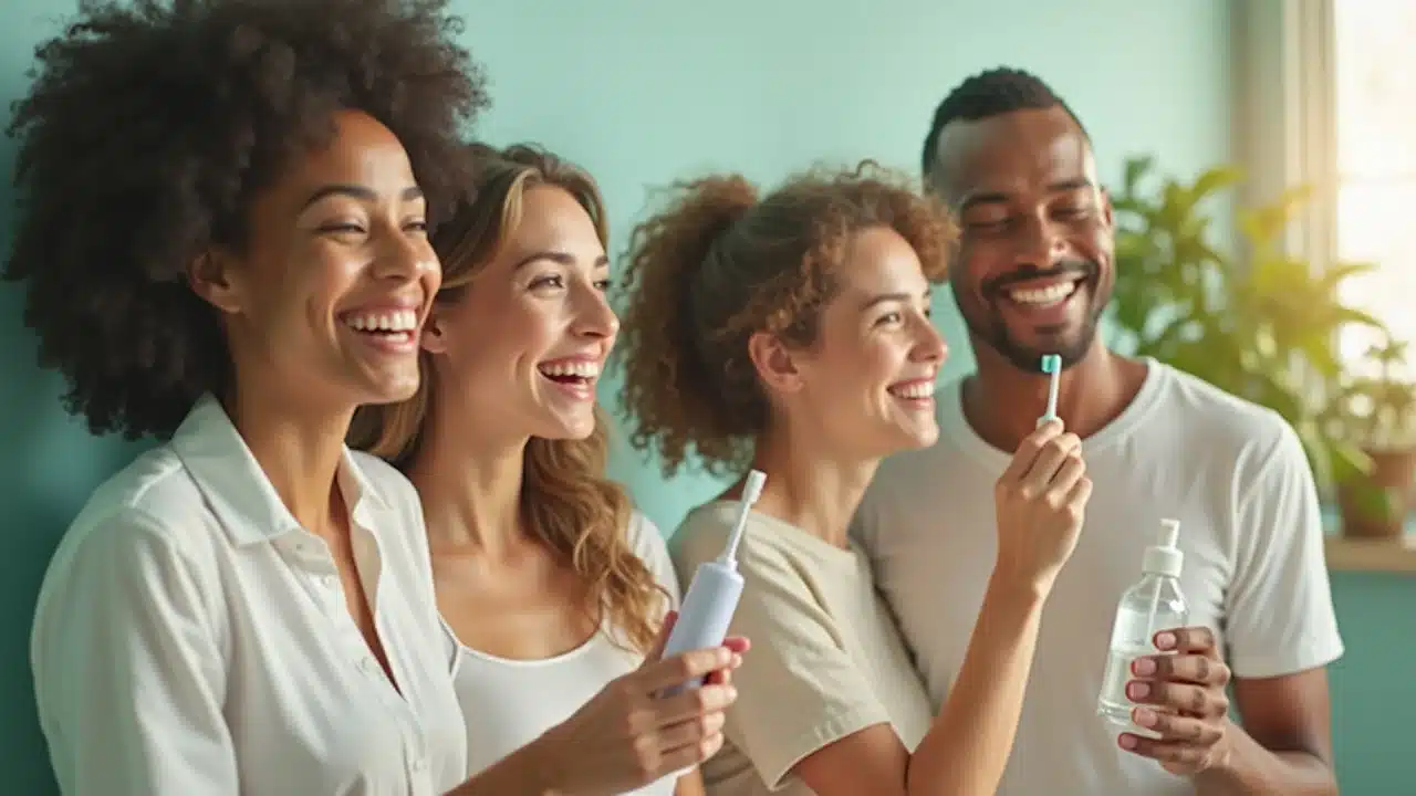 Happy diverse people using natural oral care products, smiling with bright teeth during oral care routines
