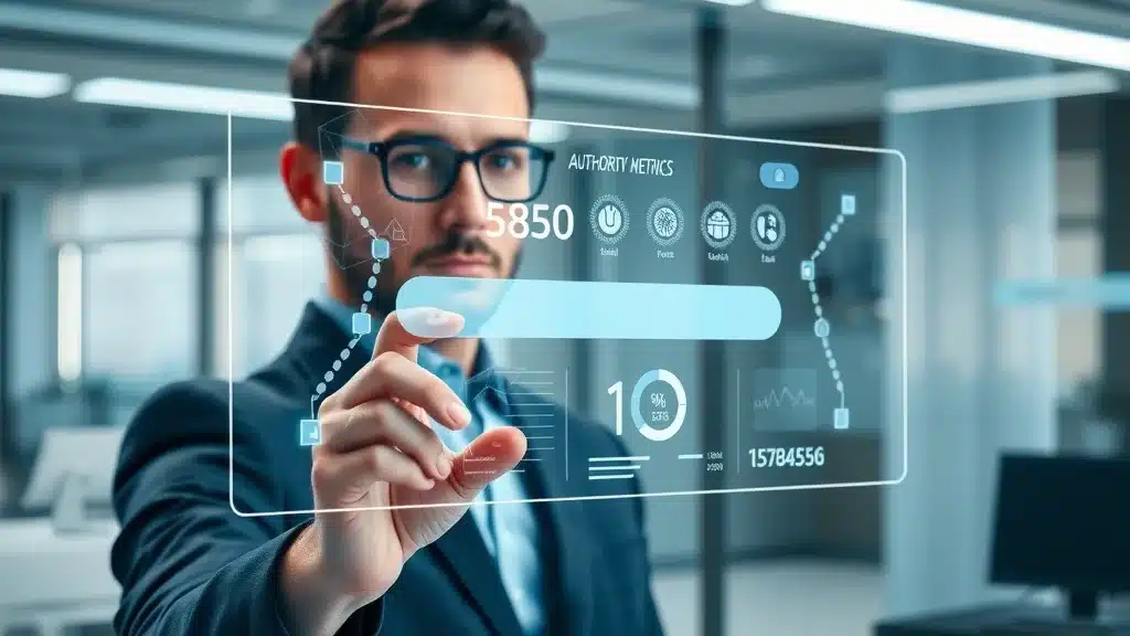 Futuristic digital interface showing AI search engine authority metrics representing AI search future