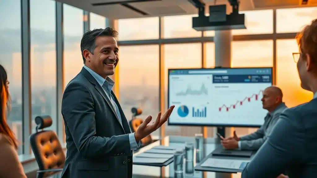 Confident startup founder presenting to investors demonstrating importance of AI search future for high-trust industries