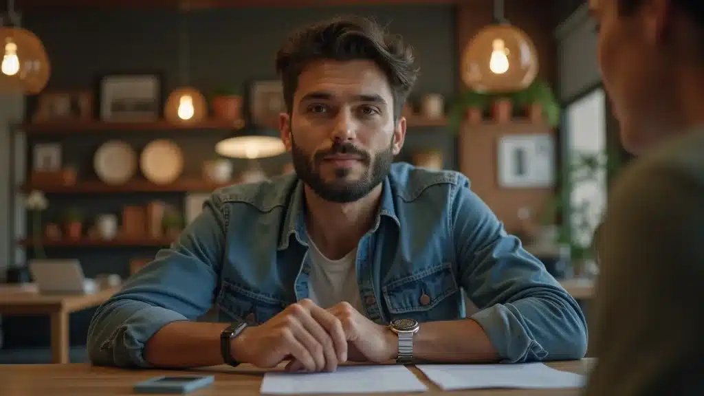 Confident entrepreneur preparing authentic founder story interview in cozy workspace
