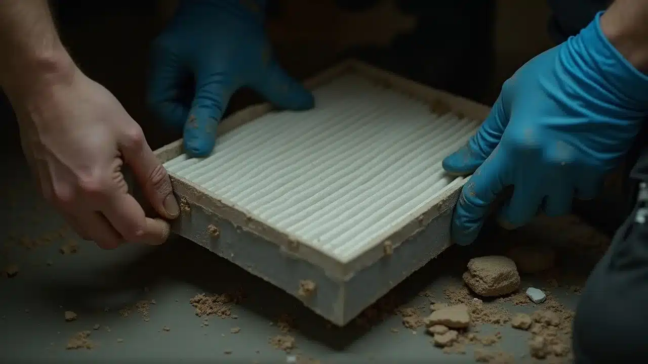 hvac failures virginia summer: worn air filter being removed during maintenance, revealing dust and debris buildup