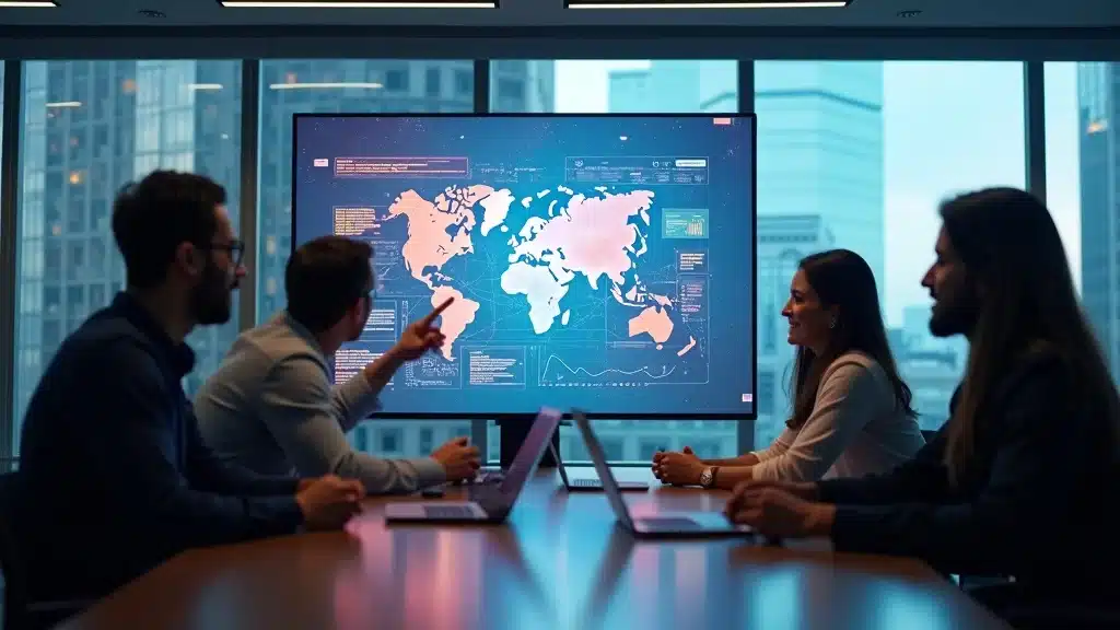 Startup founders in a modern coworking space reacting to AI impact on startup visibility analytics
