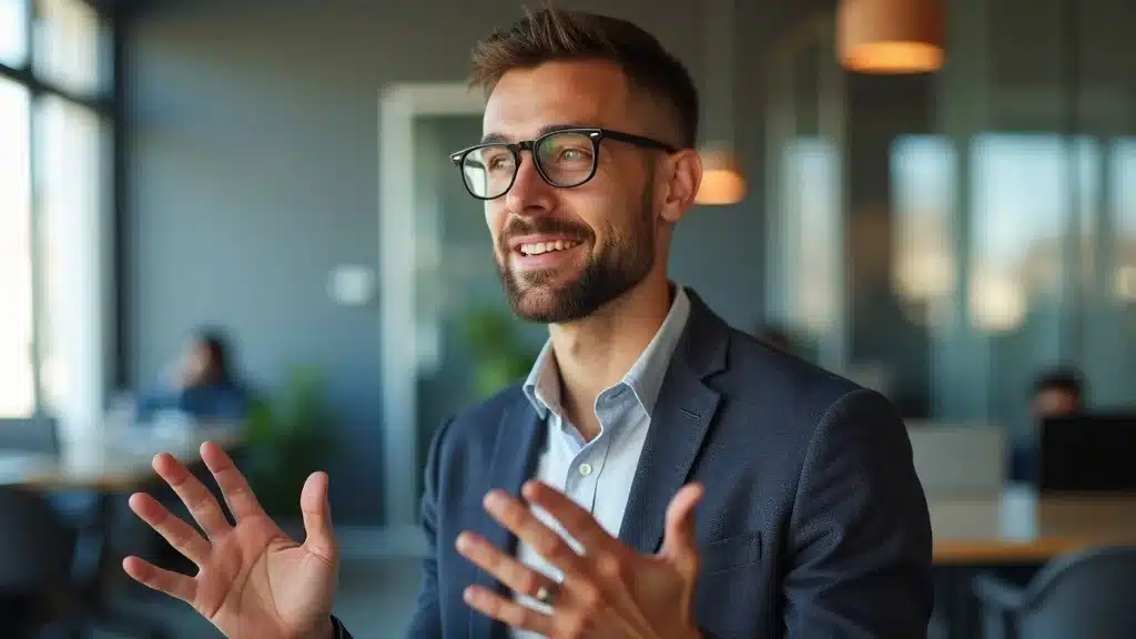 Startup founder sharing authentic story in a modern office setting