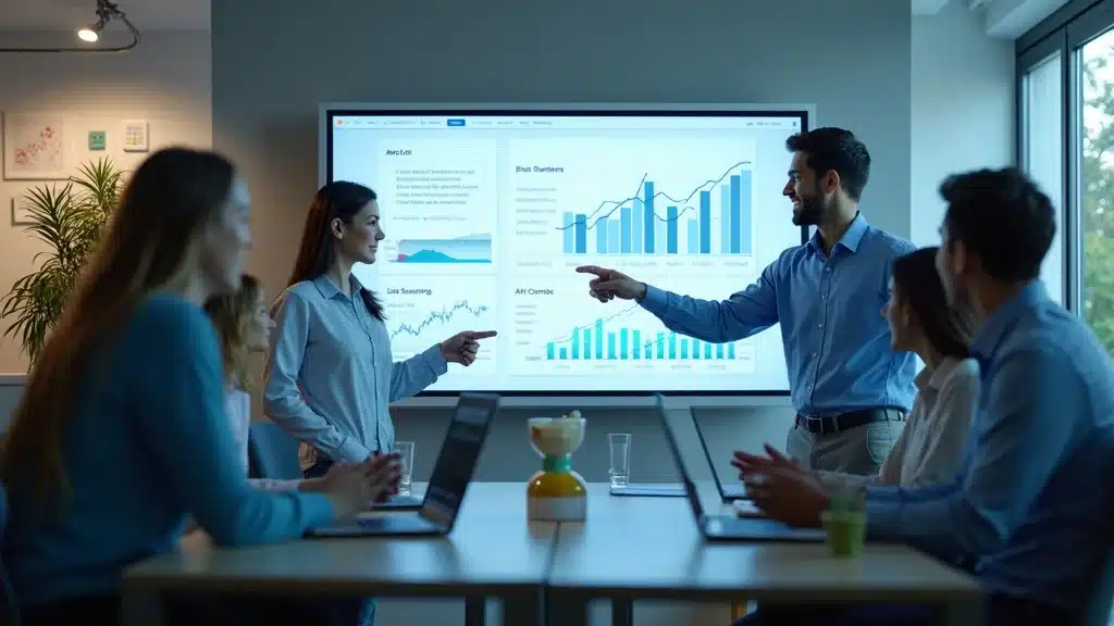 Professional startup team collaborating on AI-driven growth strategies to improve startup visibility
