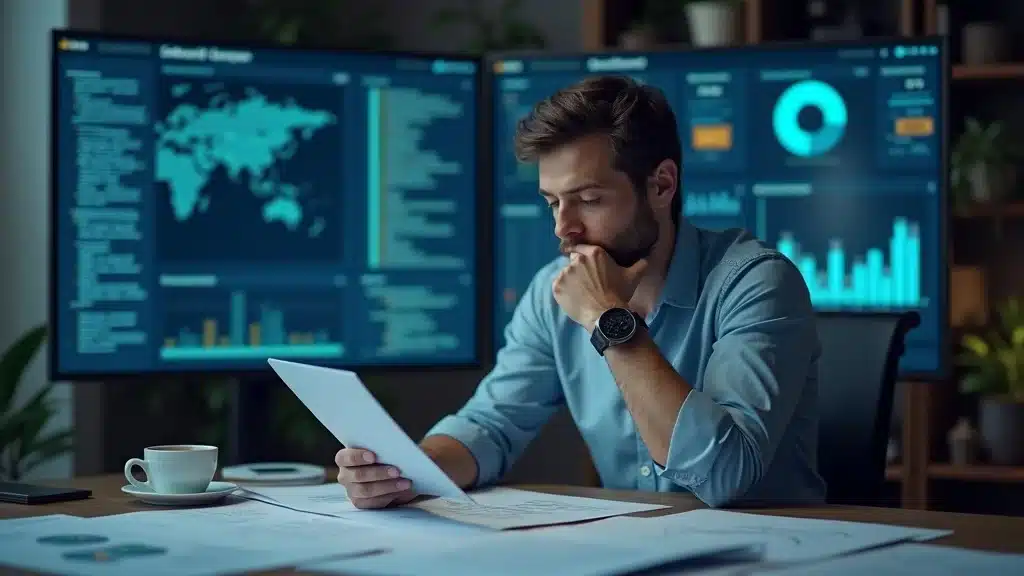 Resilient startup founder reviewing AI project data and learning from failure