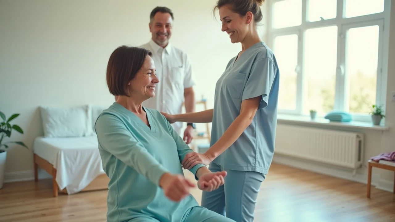 Physical therapist guiding a patient through exercises in a calm clinic setting, showcasing physical therapist cbd insights