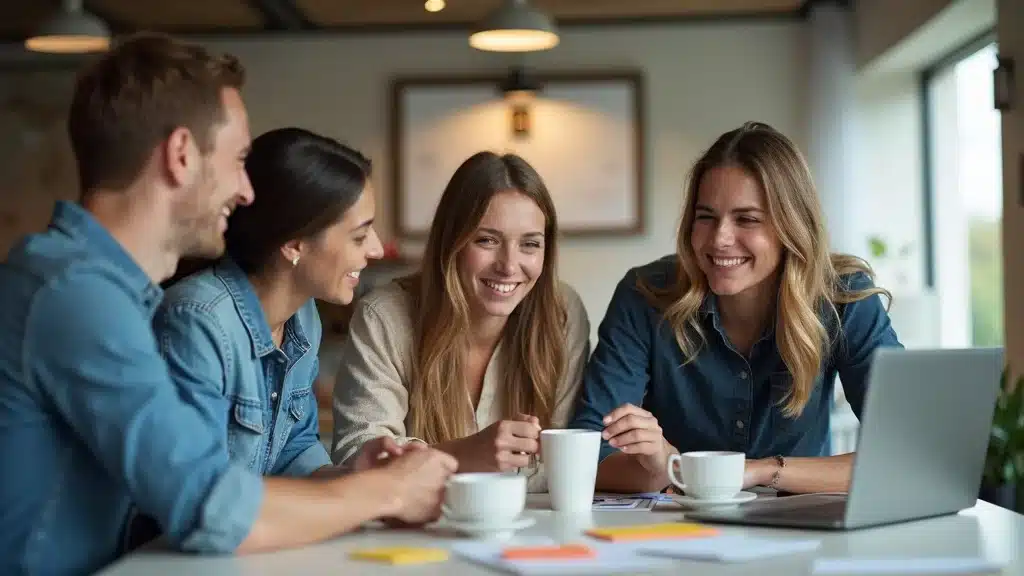 Authentic founder stories: candid startup co-founders collaborating in vibrant coworking space