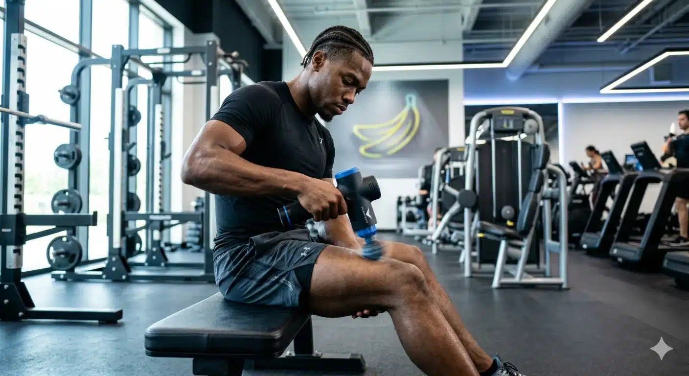 Athlete applying topical CBD for muscle pain relief in gym setting