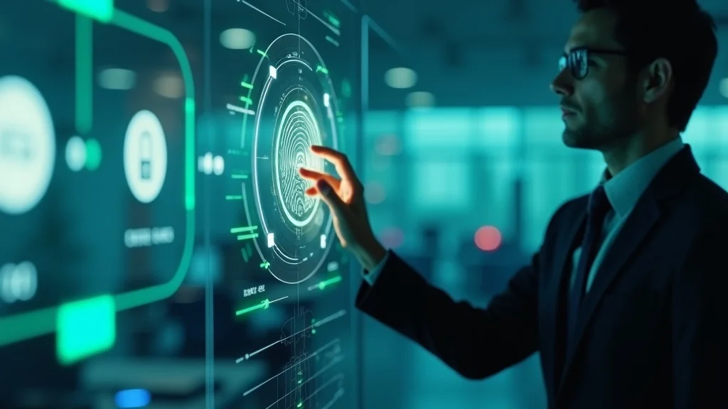 Future of authentication security illustrated by futuristic digital lock with biometric icons