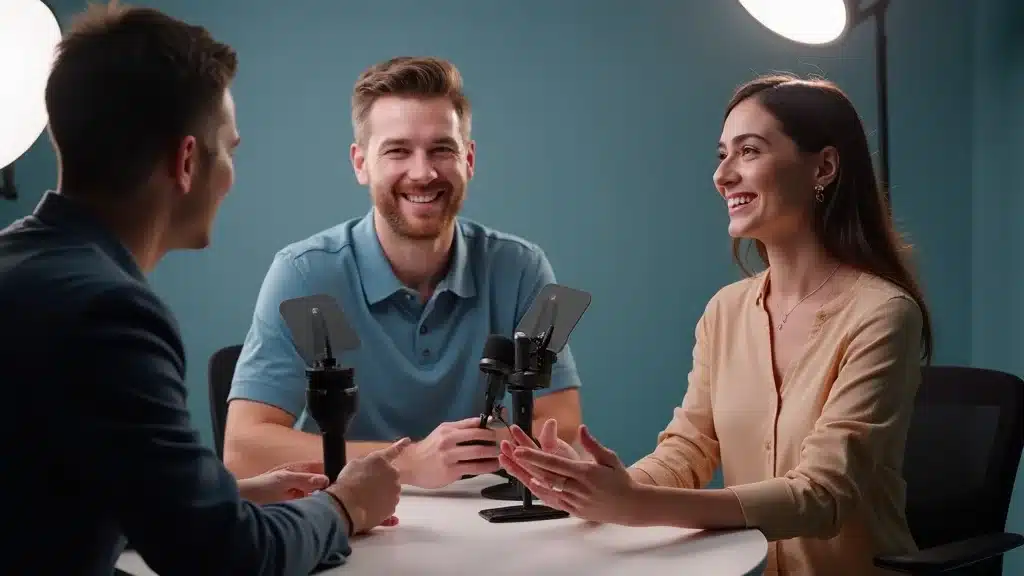 PR strategies for Orange County startup media coverage – Orange County founder in professional interview studio, soft lights, dynamic, photorealistic, 50mm lens