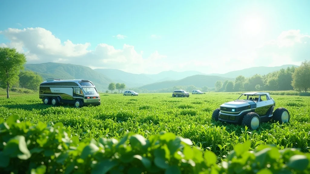Optimistic, technologically advanced farm ecosystem with AI-driven machines and sustainable practices as the future of food security and the modern equivalent of the cotton gin