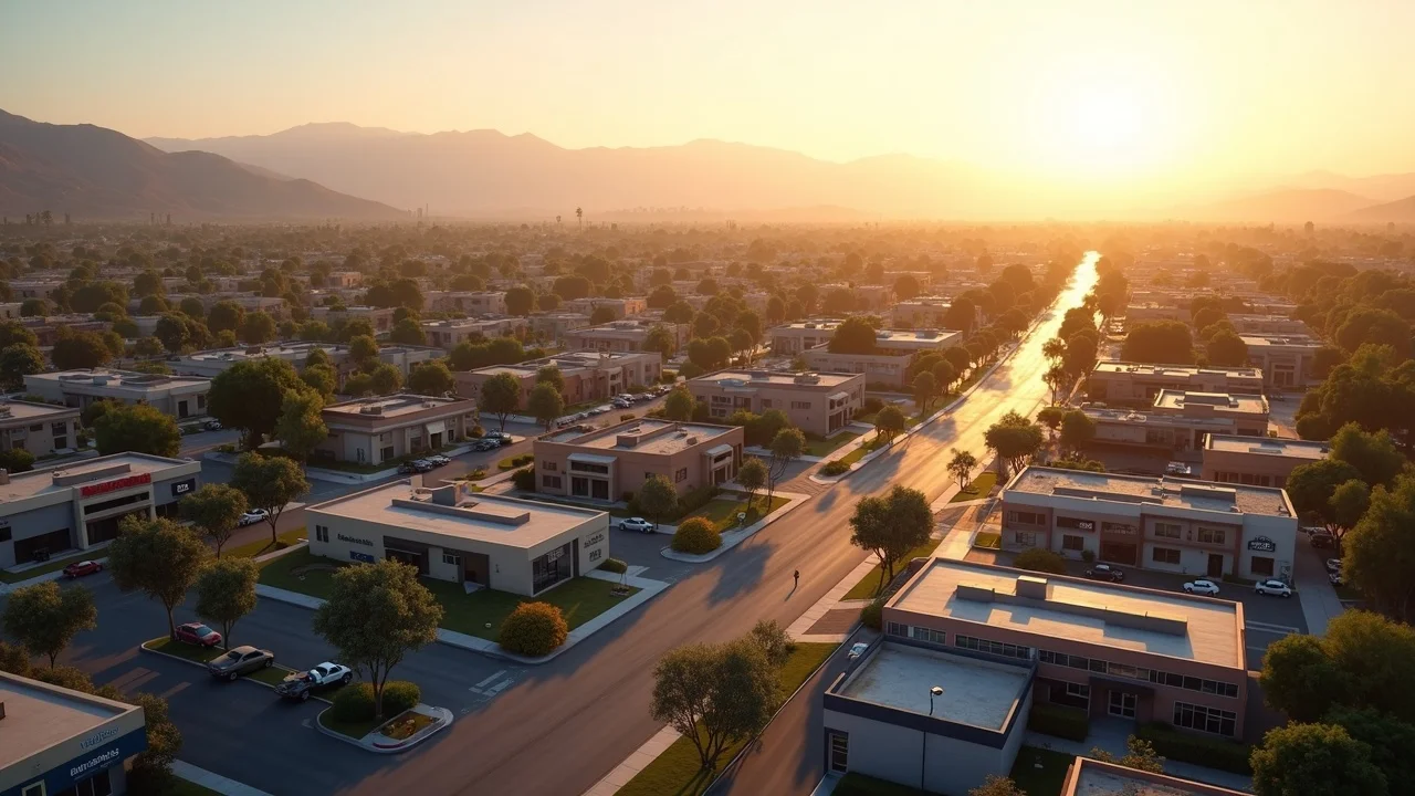 Aerial view of a diverse suburban California neighborhood illustrating the buying and selling dental practices California market