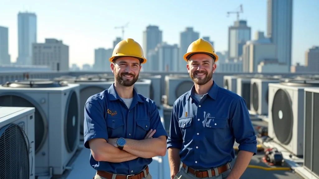 Professional HVAC technician team in front of commercial rooftop units with city background, representing top commercial HVAC companies in the US.
