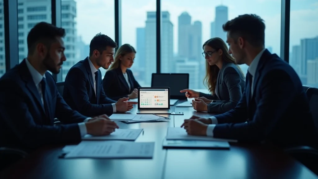 Future of authentication security shown via IT security team roundtable discussion with digital charts and tablet