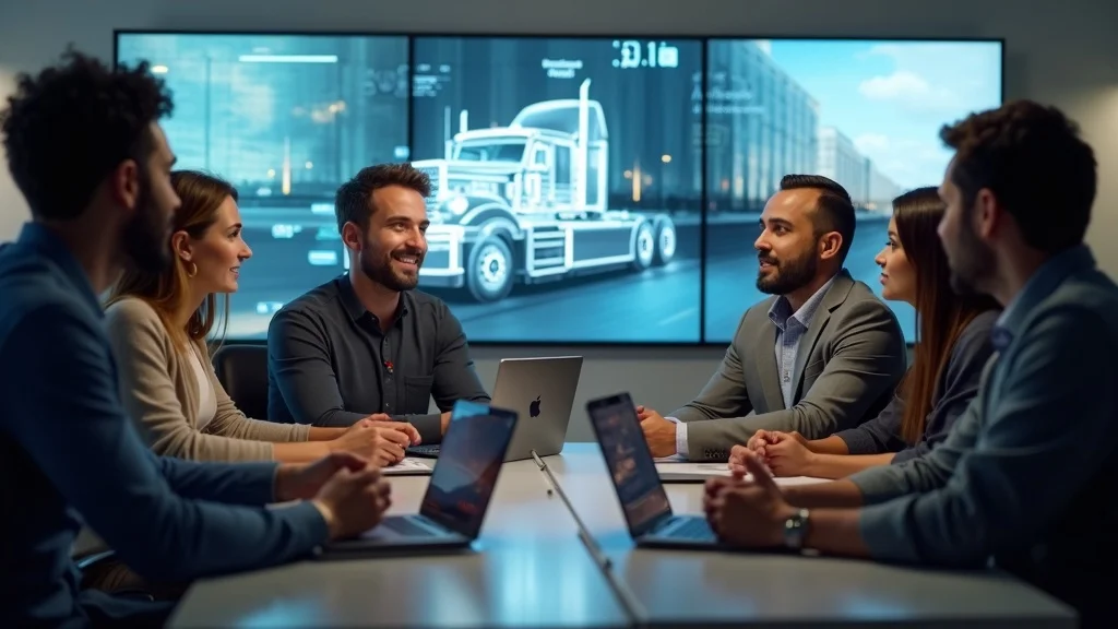 Diverse truck drivers and AI engineers discussing autonomous truck simulation on a digital display, reflecting collaboration in the future of autonomous trucking