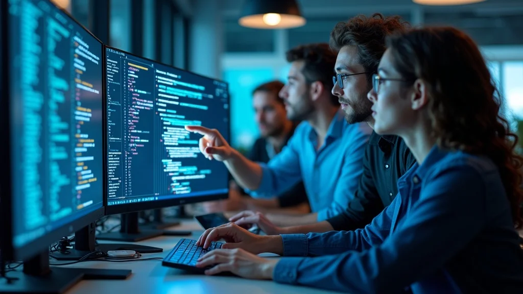 AI-powered software team — Developers using code-generating AI tools, boosting developer productivity, AI coding tools, 2026 technology trend