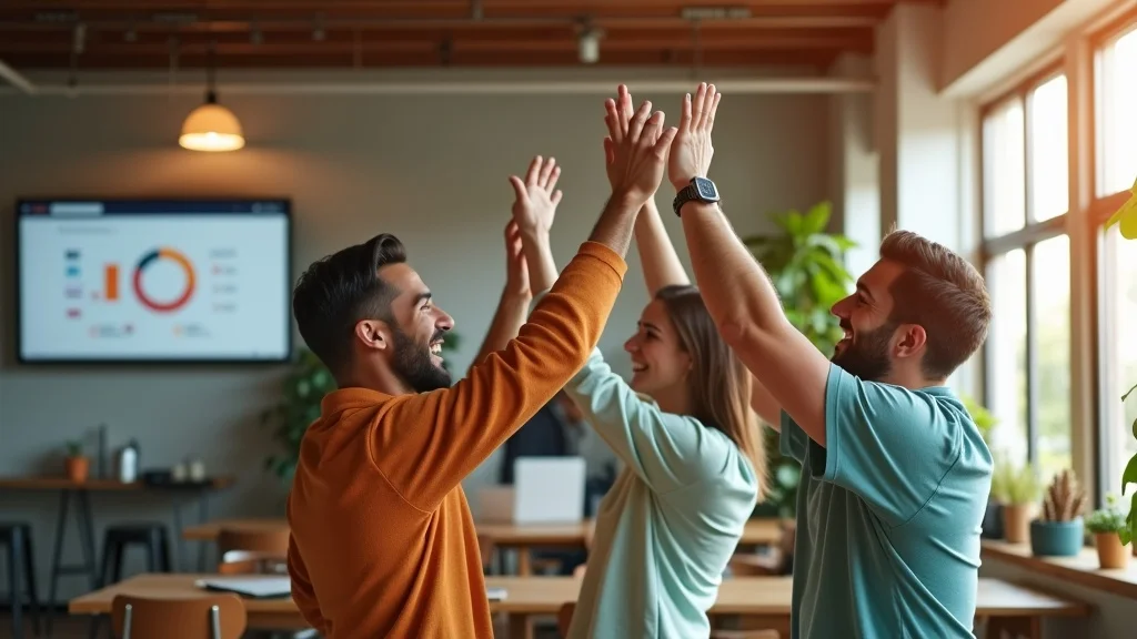 Startup founders celebrating a successful AI product launch with trending dashboard on Product Hunt