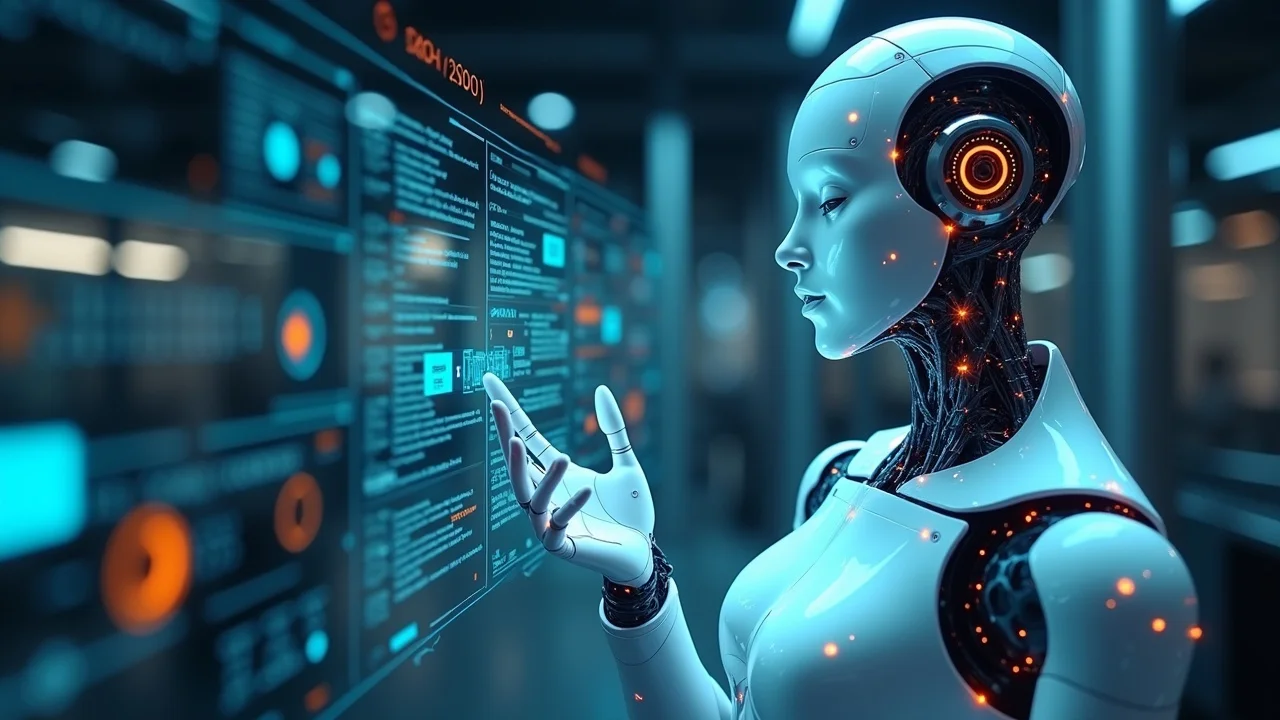 Modern AI algorithm visual analyzing digital news for startup media coverage: sleek holographic interface with headline streams, photorealistic, high-tech, blue neon details.