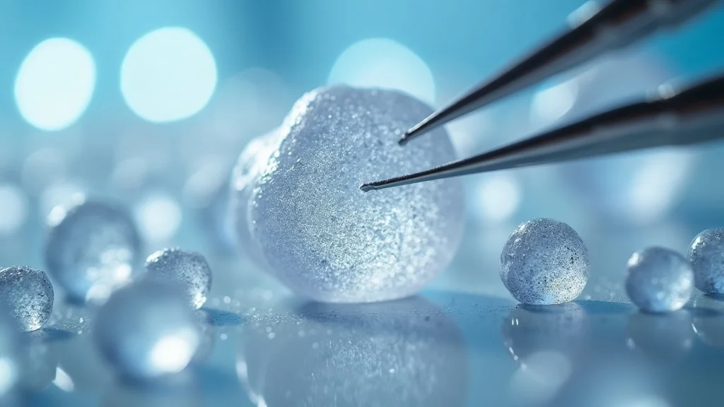 detailed close-up of biomimetic nano-hydroxyapatite crystals in dental laboratory setting