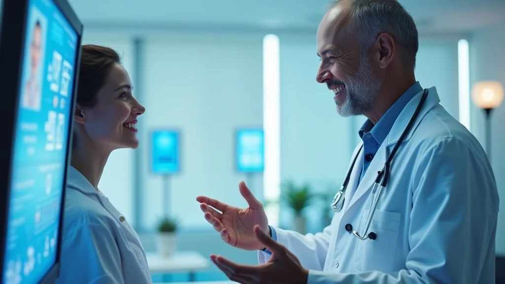 Innovative healthtech environment — Doctor using AI-powered assistant beside patient, healthtech continuum, 2026 healthcare technology trends