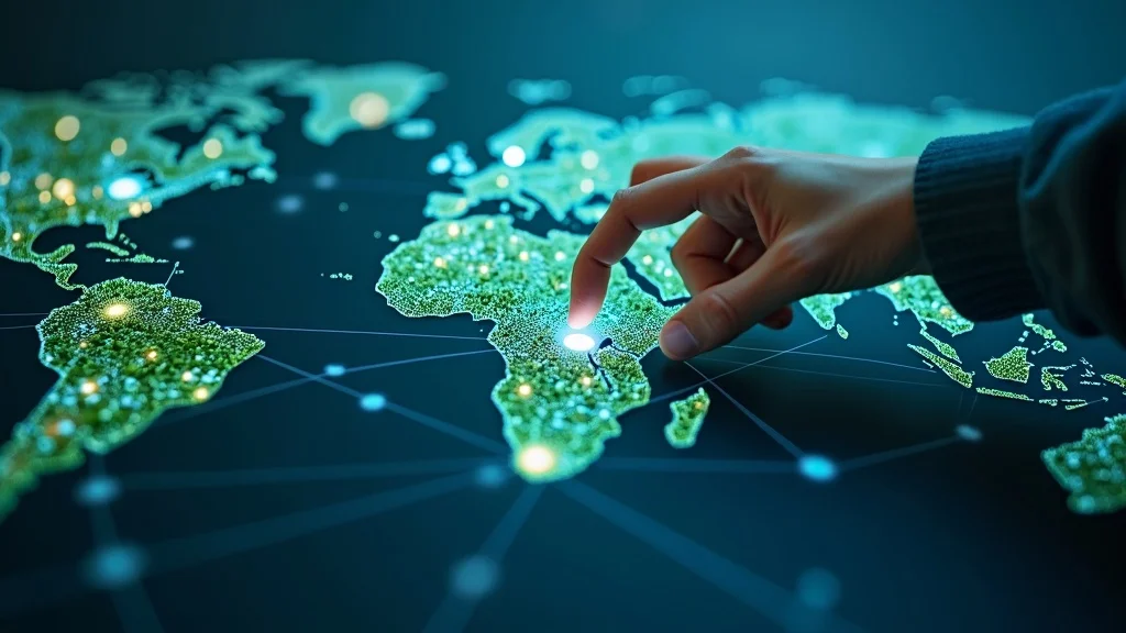 Secure interconnected ag-tech innovation network with data streams connecting smart farms, urban food systems, and technology hubs, visualizing the modern equivalent of the cotton gin's impact on global food security