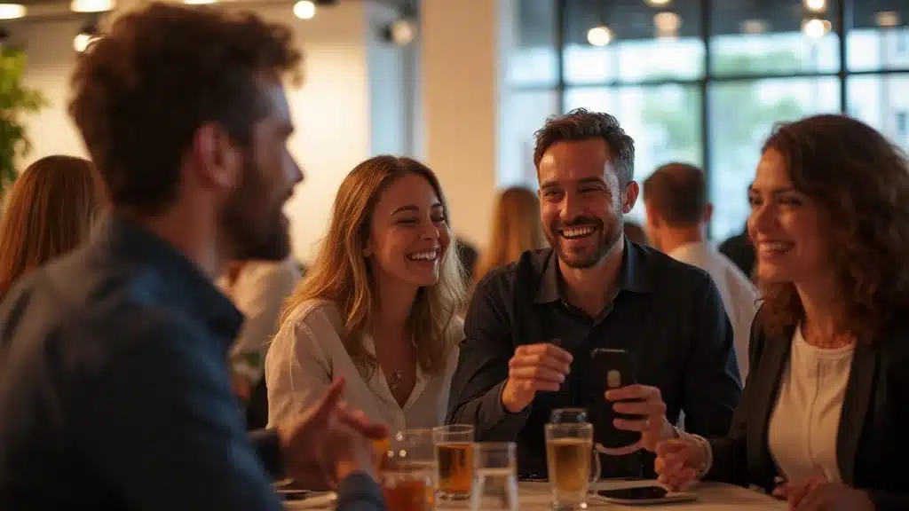 PR strategies for Orange County startup media coverage – connected OC startup event, networking, group selfie, modern venue, 35mm, photorealistic