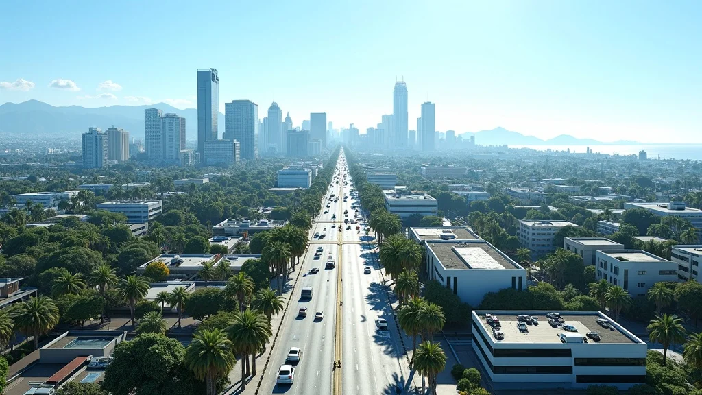 orange county startup ecosystem 2026 - Panoramic aerial view of the Orange County business district featuring tech buildings, palm-lined streets, and the coast
