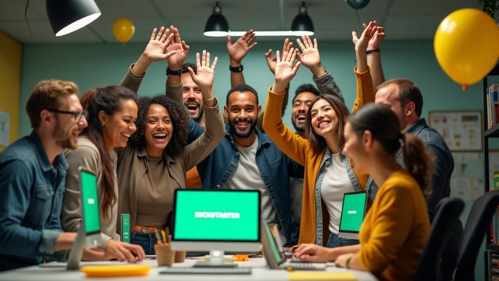 Excited product team celebrating after successfully raising funds for creative projects through Kickstarter's crowdfunding platform.