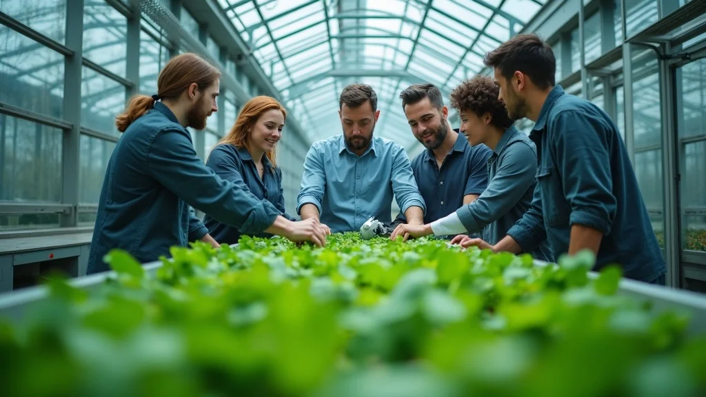 Team of engineers and agricultural specialists working with advanced robotic prototypes in a modern greenhouse, illustrating the spirit of modern cotton gin innovation