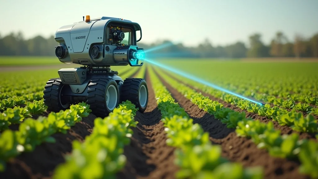 Cutting-edge robotic weeder with lasers targeting weeds among rows of crops as a modern cotton gin using AI and computer vision for sustainable farming