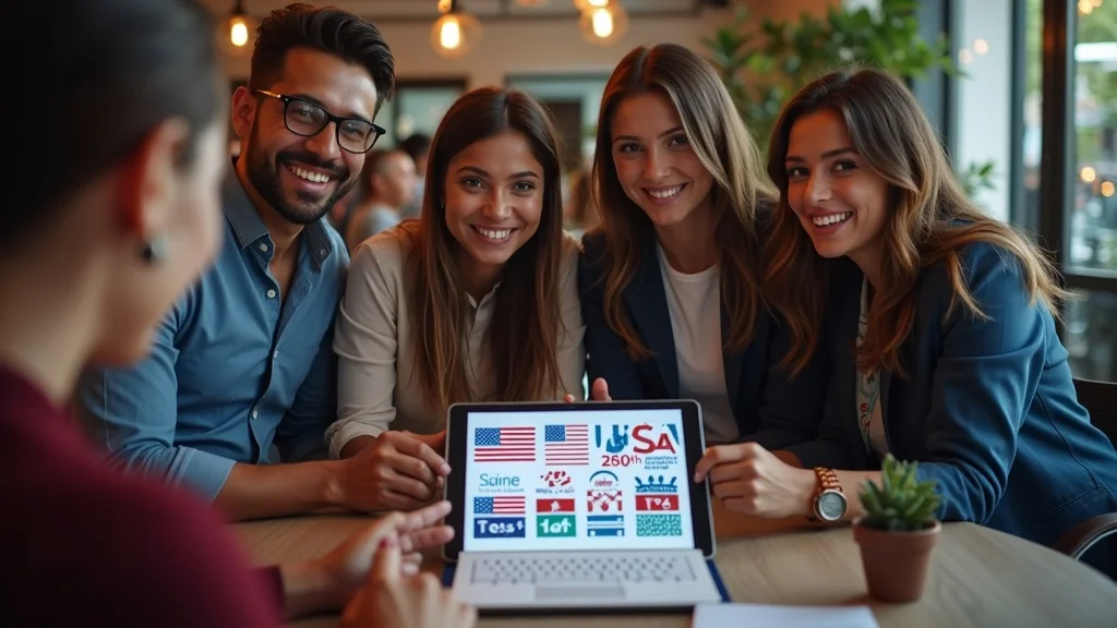 Diverse Orange County startup founders collaborating in a modern coworking space with USA 250th anniversary themes and Orange County branding