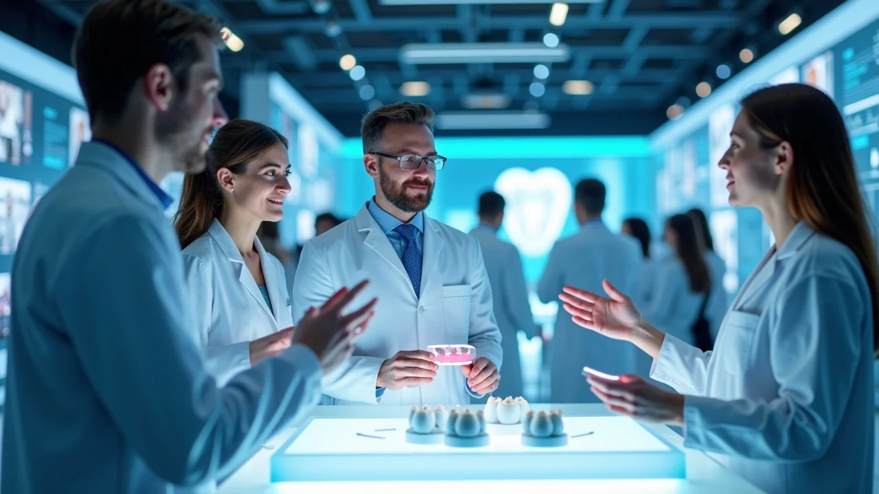 inspirational future dental technology showcase with dental professionals examining biomimetic oral care products