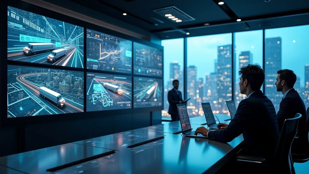 High-tech control room with engineers monitoring real-time autonomous truck fleets, showing the digital backbone of future autonomous trucking