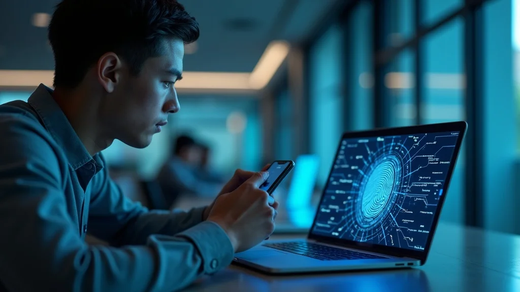 Future of authentication security shown via high-tech smartphone and laptop with fingerprint sensor verification