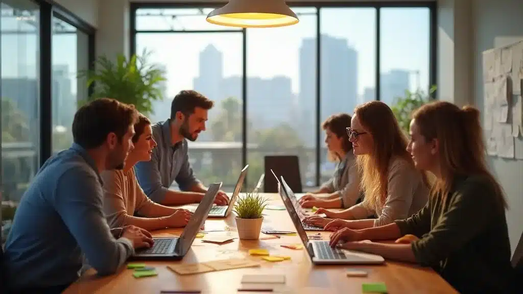 PR strategies Orange County startup media coverage – vibrant Orange County startup office, collaborative team, tech workspace, OC cityscape, natural daylight, 35mm lens, photorealistic