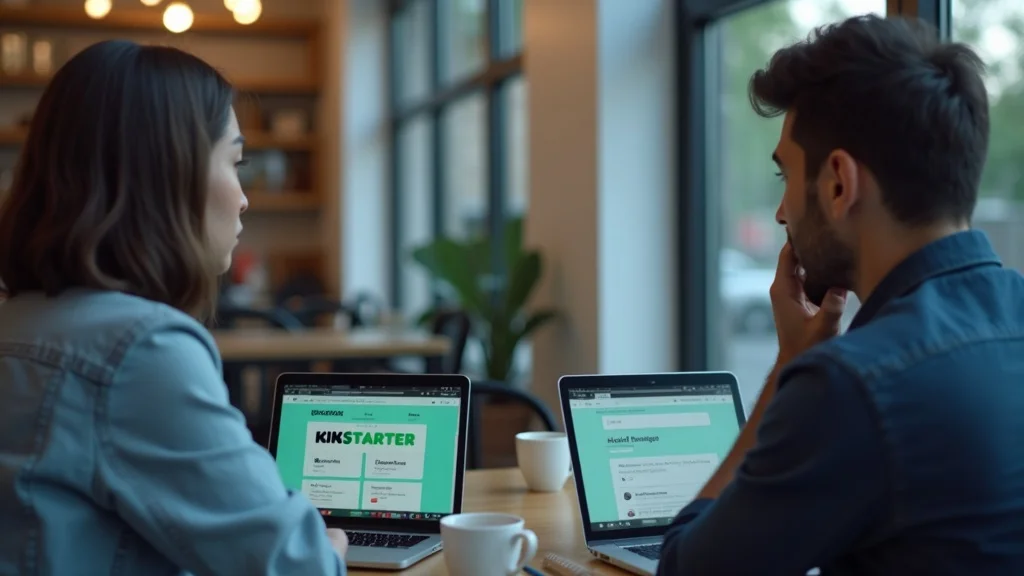 Startup founders comparing Kickstarter and GoFundMe for raising money, shown in a modern café with laptops.