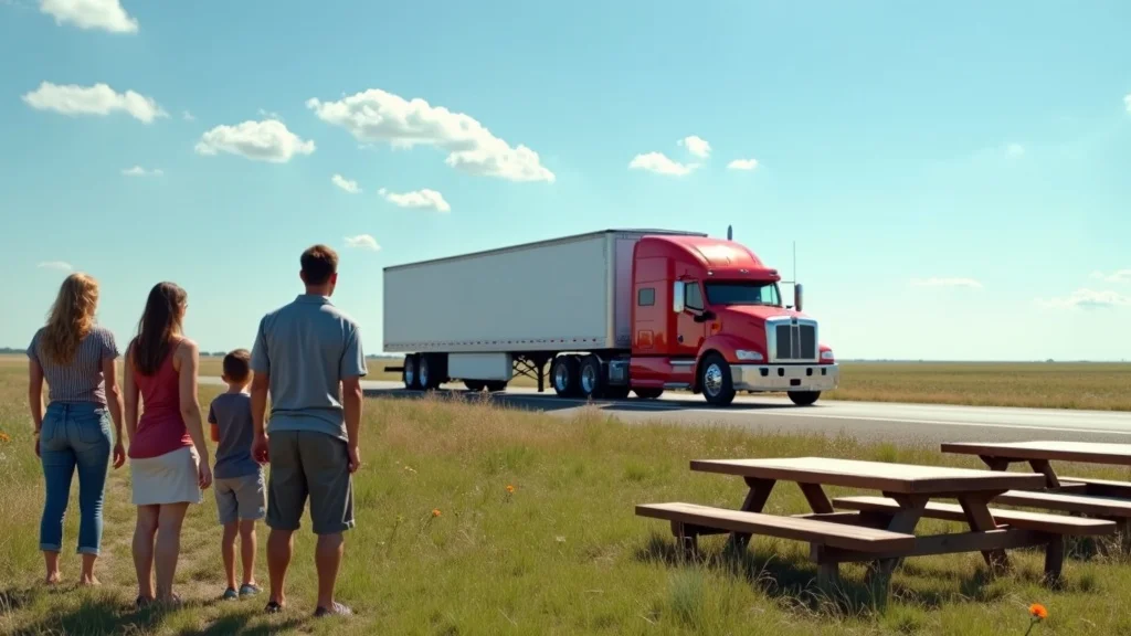 American family and truck driver observing a self-driving truck pass by—a moment of curiosity and hope in the future of autonomous trucking