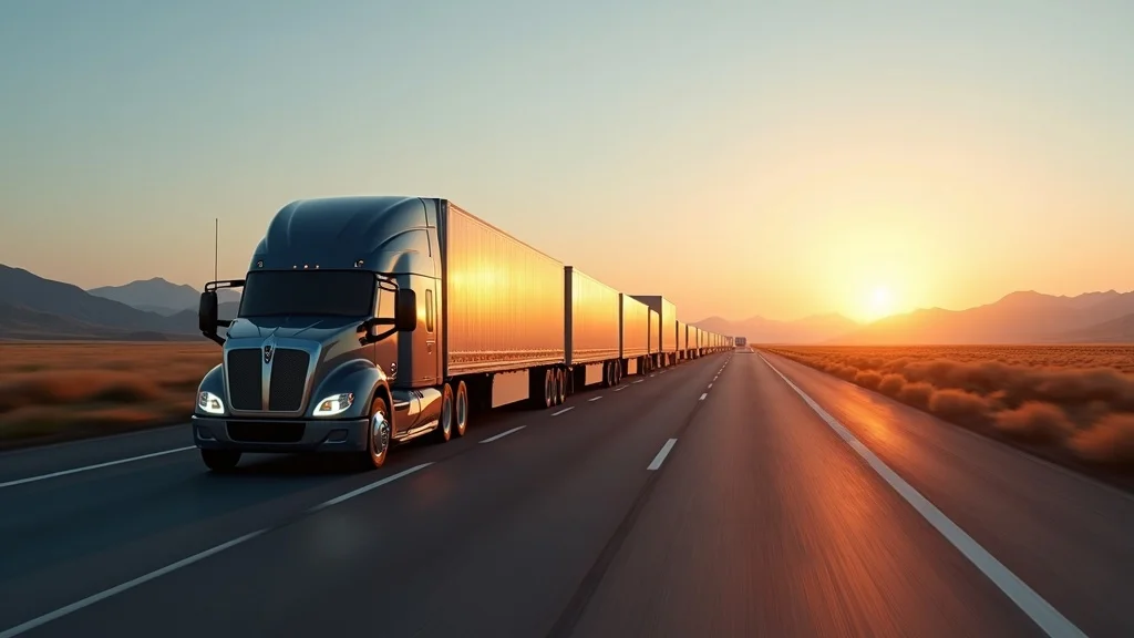 Futuristic autonomous semi-truck convoy navigating an open American highway in sunrise, reflecting the future of autonomous trucking