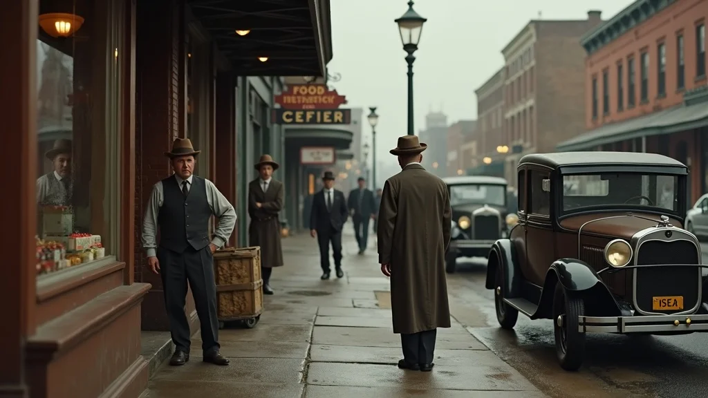 somber great depression-era main street with resilient business owners, illustrating small business survival during economic crisis