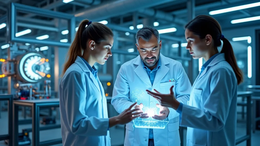 Futuristic lab showcasing a team of scientists and engineers collaborating on a glowing fusion reactor in pursuit of net energy, symbolizing the modern successors to Thomas Edison.