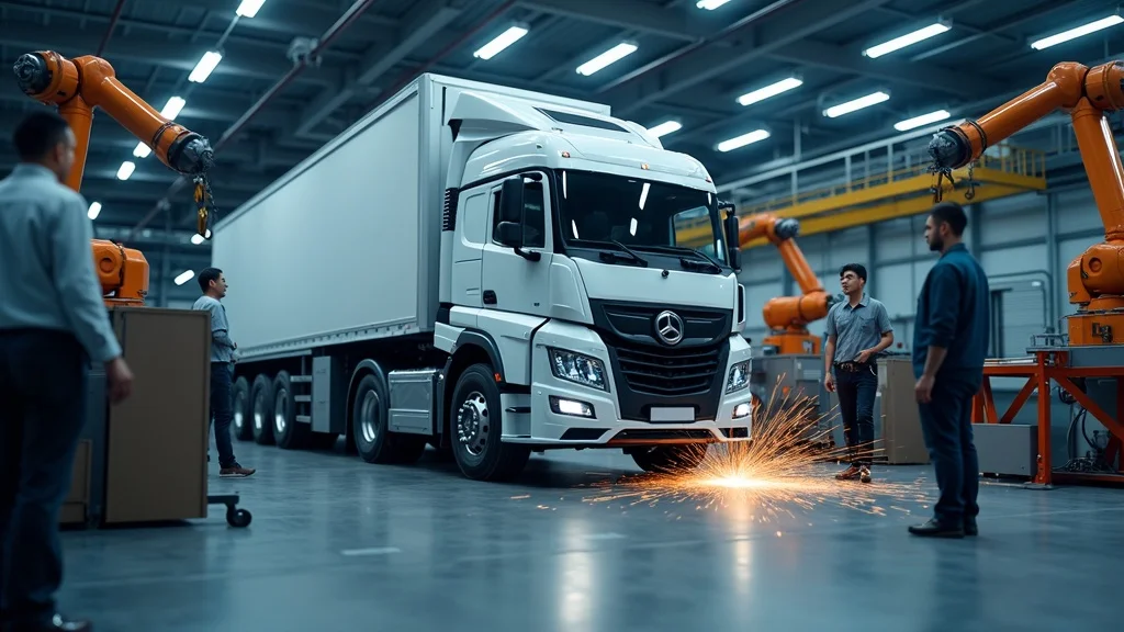 Modern autonomous truck factory with workers assembling self-driving trucks, representing Aurora Innovation and mass manufacturing of autonomous trucking technology