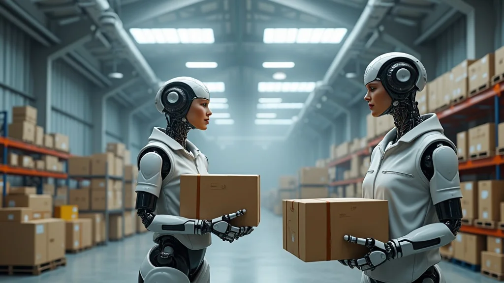 Advanced logistics robotics — Human and humanoid robots collaborating in a modern warehouse, physical ai, supply chain innovation, 2026 technology trends