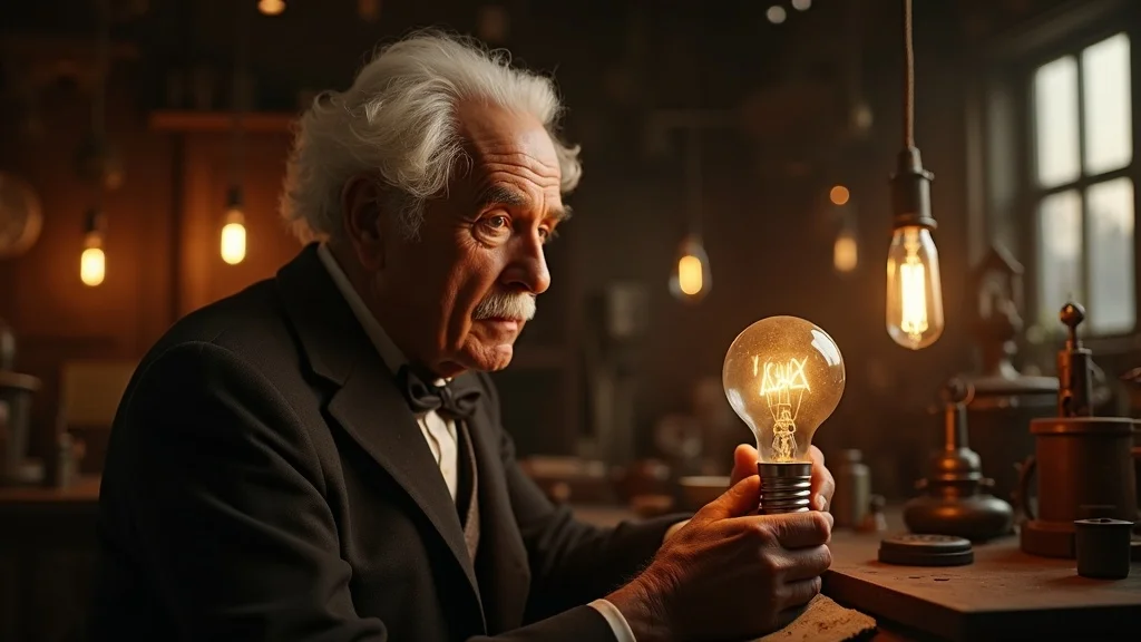 Historic recreation of Thomas Edison at Menlo Park laboratory, engrossed in adjusting a light bulb prototype among 19th-century workbenches, oil lamps, and glass bulbs, embodying the spirit that paved the way for modern successors to Thomas Edison.