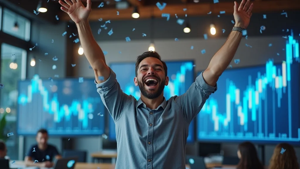 Energetic entrepreneur celebrating a successful funding round on a startup funding platform, with growth charts and laptops in a modern office.