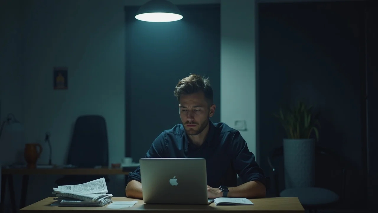 pr campaign mistake: Isolated founder reflects in dim office after a short-lived PR burst for startup visibility in 2026