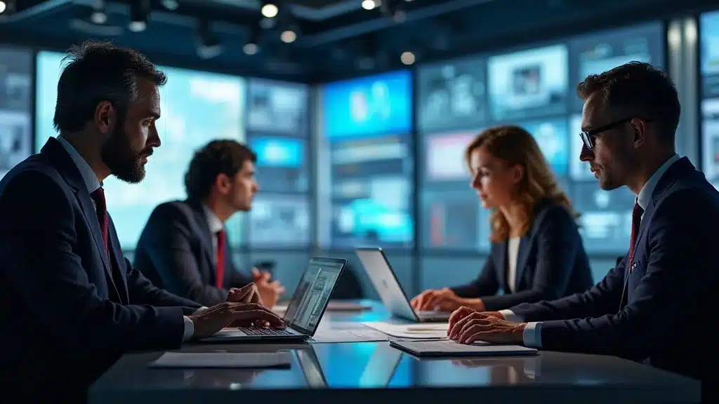 PR strategies for Orange County startup media coverage – digital newsroom, collaborative journalists, OC on monitors, 24mm lens, photorealistic