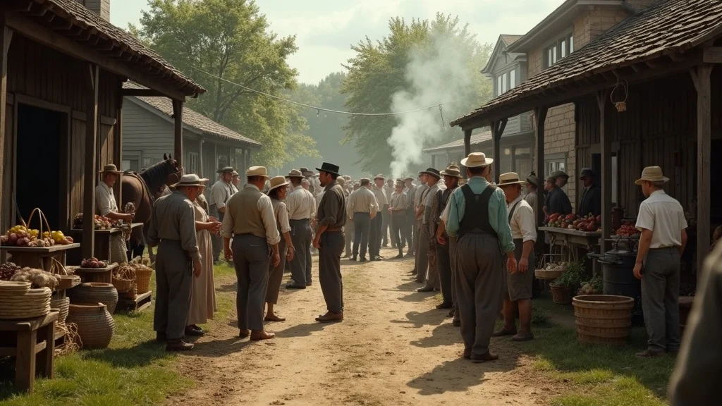 atmospheric colonial-era american village market scene showing people trading and gathering near a general store with a blacksmith’s forge, highlighting the roots of american entrepreneurship
